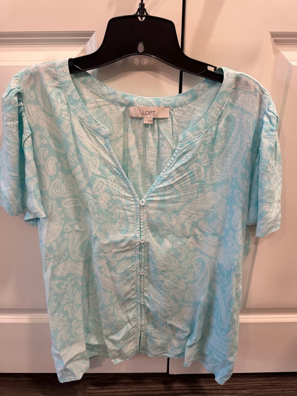 LOFT Light Aqua Paisley Button-Down Blouse